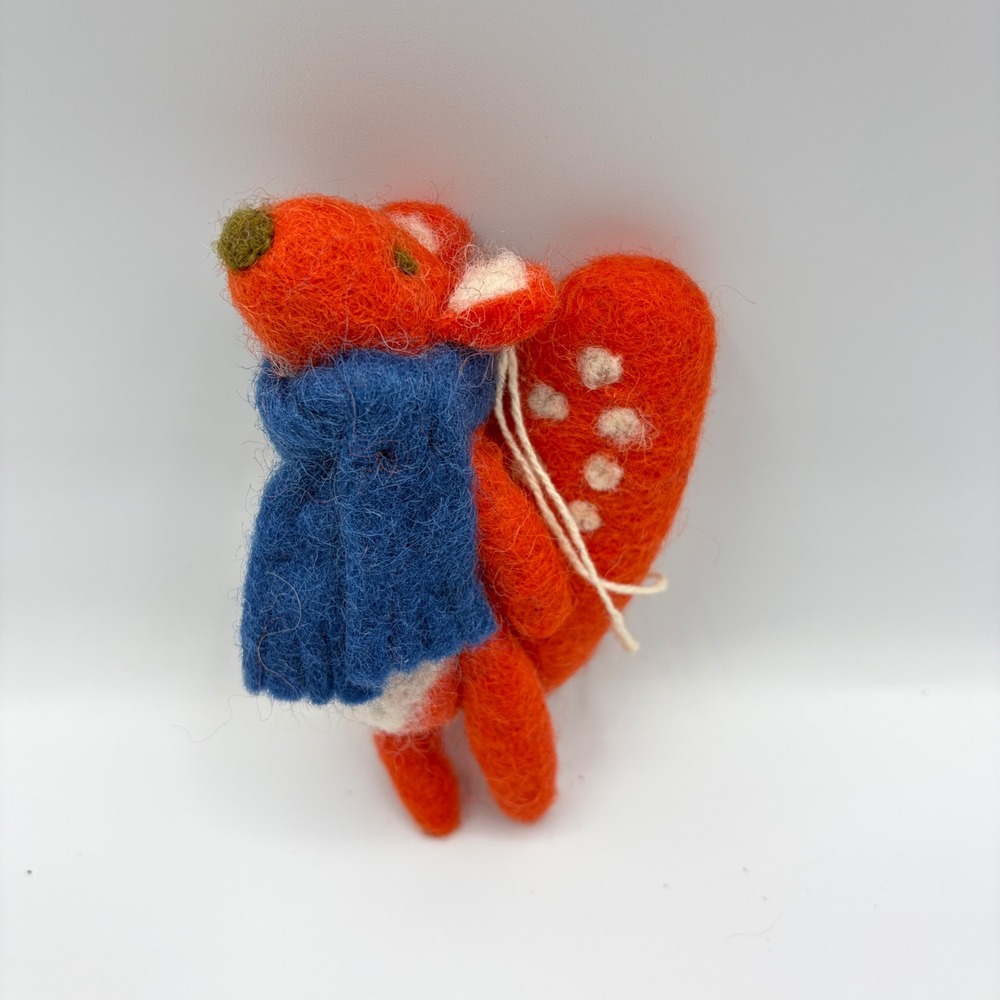 Needle Felted Wool Squirrel Christmas Ornament Orange with Blue Scarf 4.5 in